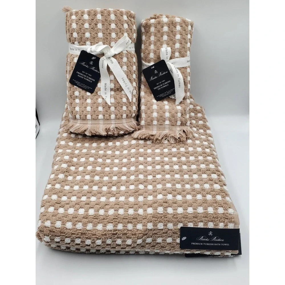 Brooks Brothers 6pc Premium Turkish Cotton Towel Set Tan‎ White Textured Fringed